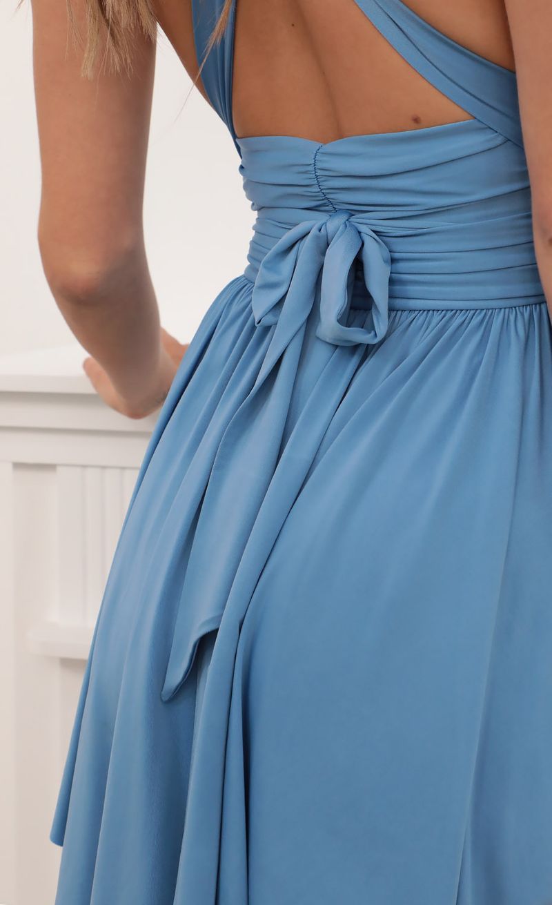 Picture Elisha Ruched Halter Dress in Blue. Source: https://media.lucyinthesky.com/data/Mar21_2/800xAUTO/AT2A7167.JPG