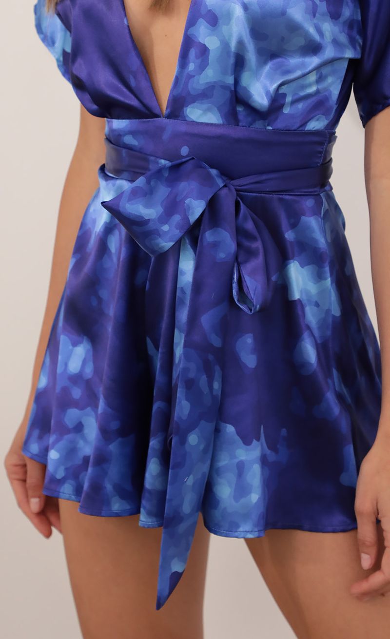 Picture Feeling The Night Satin Romper in Abstract Shades of Blue. Source: https://media.lucyinthesky.com/data/Mar21_2/800xAUTO/AT2A8685.JPG