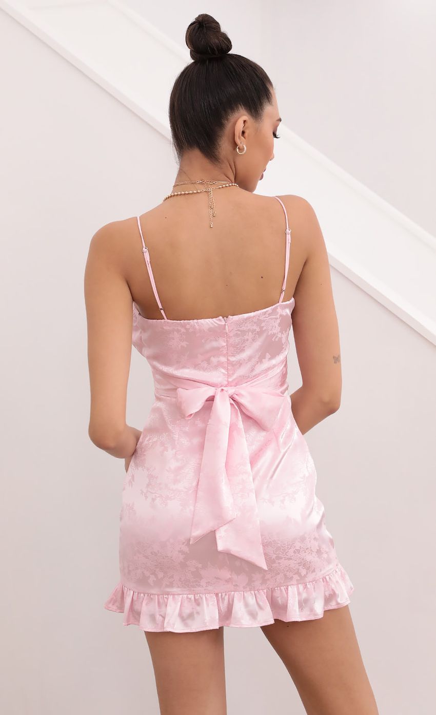 Picture Kai Satin Floral Dress in Pink. Source: https://media.lucyinthesky.com/data/Mar21_2/850xAUTO/1V9A6668.JPG