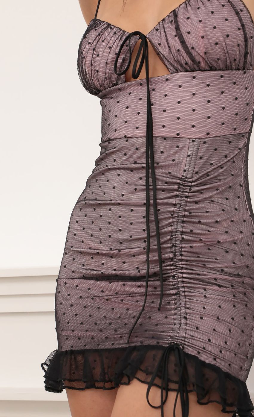 Picture Sophia Ruched Bodycon Dress in Black Mesh. Source: https://media.lucyinthesky.com/data/Mar21_2/850xAUTO/AT2A9159.JPG