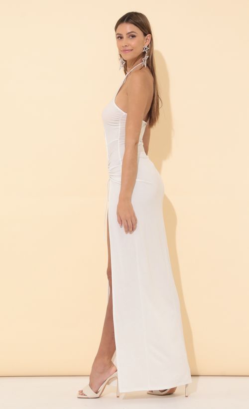 Picture Juniper Cutout Maxi Dress in White Shimmer. Source: https://media.lucyinthesky.com/data/Mar22_1/500xAUTO/1V9A4203.JPG