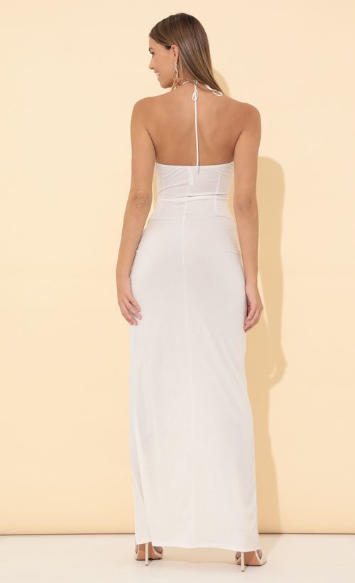 Picture Juniper Cutout Maxi Dress in White Shimmer. Source: https://media.lucyinthesky.com/data/Mar22_1/500xAUTO/1V9A4265.JPG