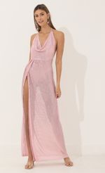 Picture Kaira Cowl Neck Maxi Dress in Pink Sequin. Source: https://media.lucyinthesky.com/data/Mar22_2/150xAUTO/1V9A3497.JPG