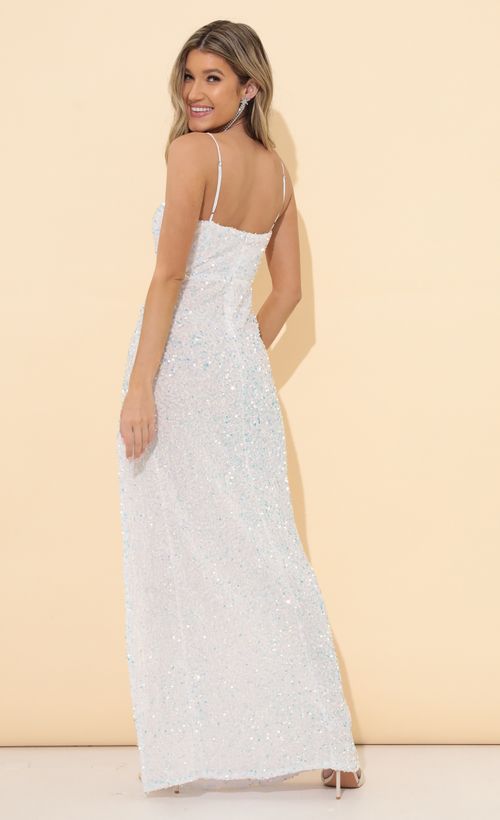 Picture Whitney Velvet Sequin Maxi Dress in White Iridescent. Source: https://media.lucyinthesky.com/data/Mar22_2/500xAUTO/1V9A2601.JPG