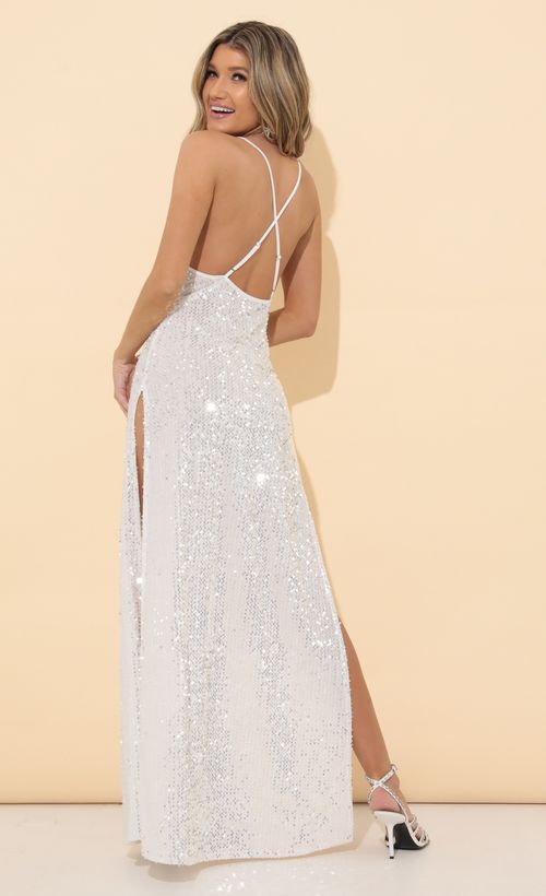 Picture Liddy Velvet Sequin Maxi Dress in White. Source: https://media.lucyinthesky.com/data/Mar22_2/500xAUTO/1V9A5677.JPG