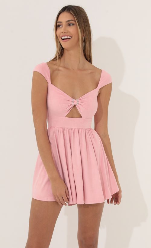 Picture Lilah Flare Dress in Pink Suede. Source: https://media.lucyinthesky.com/data/Mar22_2/500xAUTO/1V9A6135.JPG