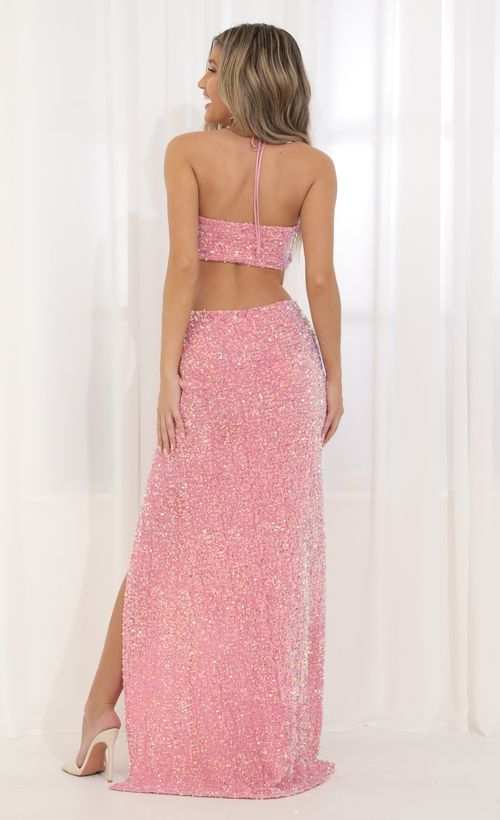 Picture Jamie Halter Sequin Maxi Dress in Pink. Source: https://media.lucyinthesky.com/data/Mar22_2/500xAUTO/1V9A6481.JPG