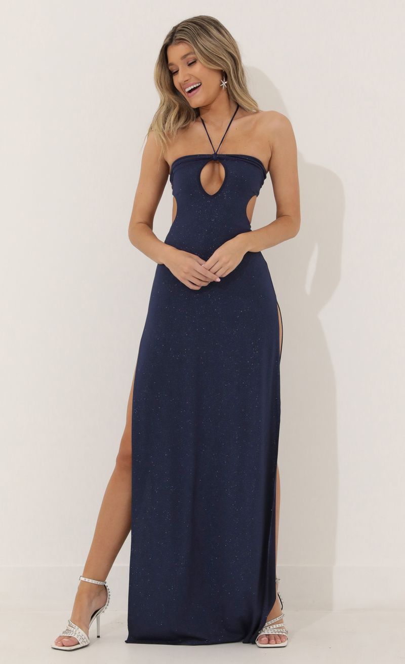 Picture Elora Halter Maxi Dress in Blue Shimmer. Source: https://media.lucyinthesky.com/data/Mar22_2/800xAUTO/1V9A4861.JPG