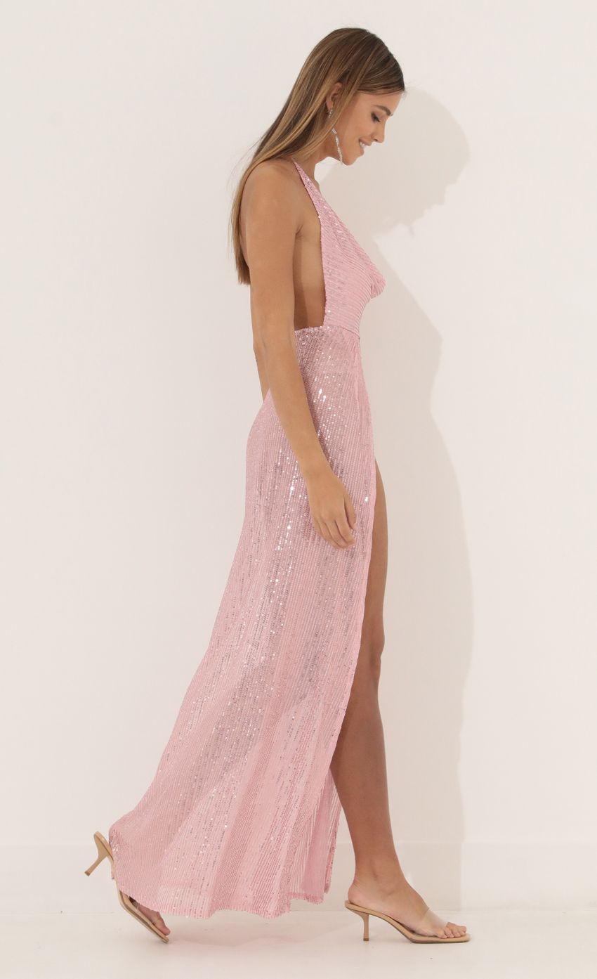 Picture Kaira Cowl Neck Maxi Dress in Pink Sequin. Source: https://media.lucyinthesky.com/data/Mar22_2/850xAUTO/1V9A3455.JPG