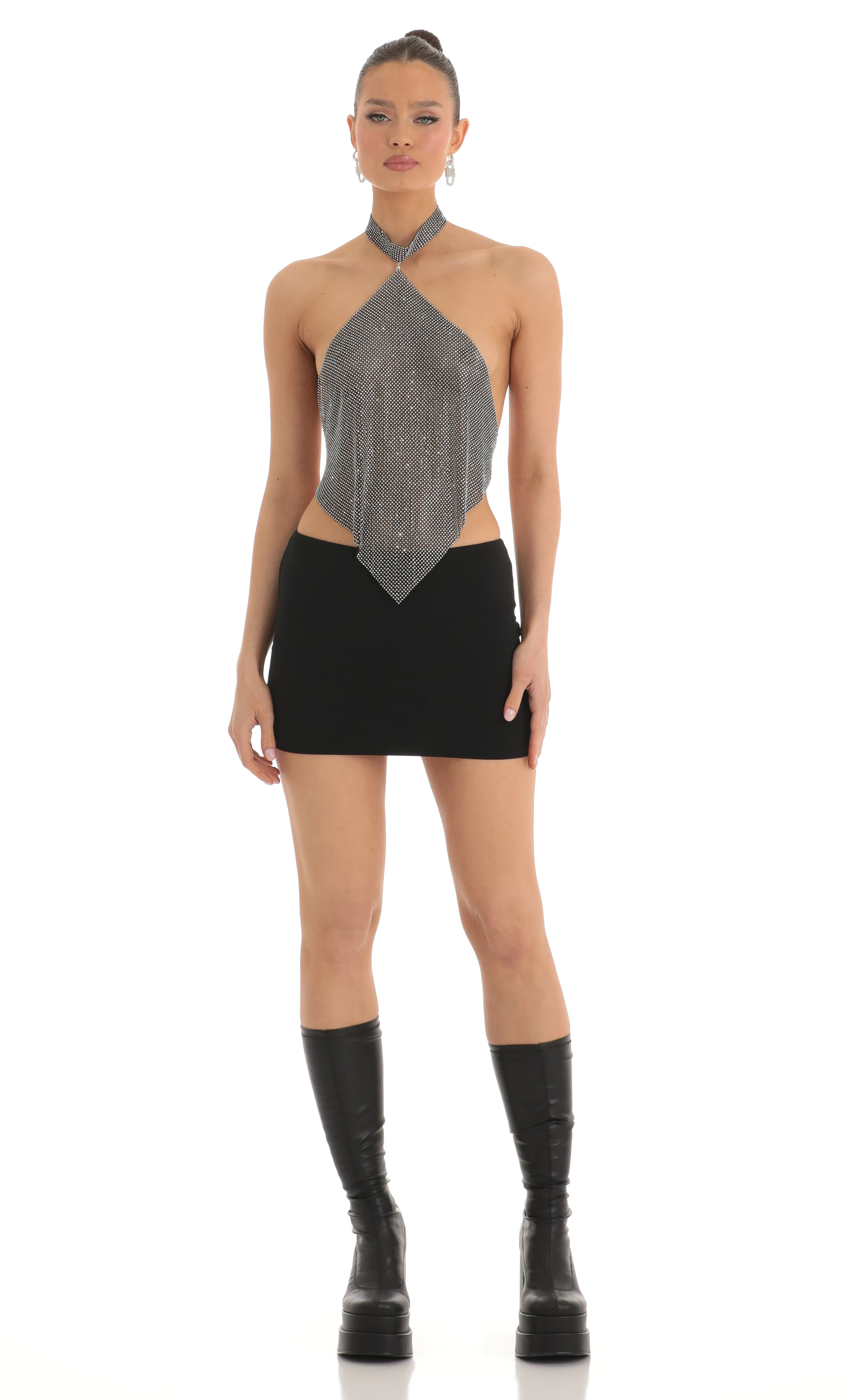Evie Rhinestone Metallic Two Piece Skirt Set in Black