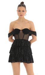 Picture Amarea Sequin Corset Dress in Black. Source: https://media.lucyinthesky.com/data/Mar23/150xAUTO/25922340-e639-4521-88ff-fc1e536ea688.jpg