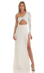 Picture Farrah Iridescent Sequin One Shoulder Maxi Dress in White. Source: https://media.lucyinthesky.com/data/Mar23/150xAUTO/36848454-e229-4c1d-be44-e8b929f75fc4.jpg