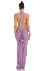 Picture Razz Sequin Halter BodyCon Maxi Dress in Purple. Source: https://media.lucyinthesky.com/data/Mar23/150xAUTO/4bfd29d4-b987-4cd6-b5bf-02ed56b10984.jpg