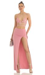 Picture Audrey Sequin Floral Two Piece Maxi Skirt Set in Pink. Source: https://media.lucyinthesky.com/data/Mar23/150xAUTO/6494e0bb-2bd6-4c7a-934e-9d59a7ac24f2.jpg