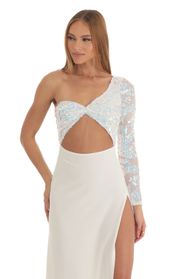 Picture thumb Farrah Iridescent Sequin One Shoulder Maxi Dress in White. Source: https://media.lucyinthesky.com/data/Mar23/170xAUTO/57b89770-e8da-418b-bddd-0470d1c9ea8e.jpg