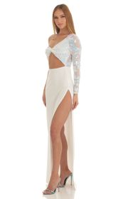 Picture thumb Farrah Iridescent Sequin One Shoulder Maxi Dress in White. Source: https://media.lucyinthesky.com/data/Mar23/170xAUTO/9e3e4866-e57a-4b65-91b4-640f8ebd7584.jpg