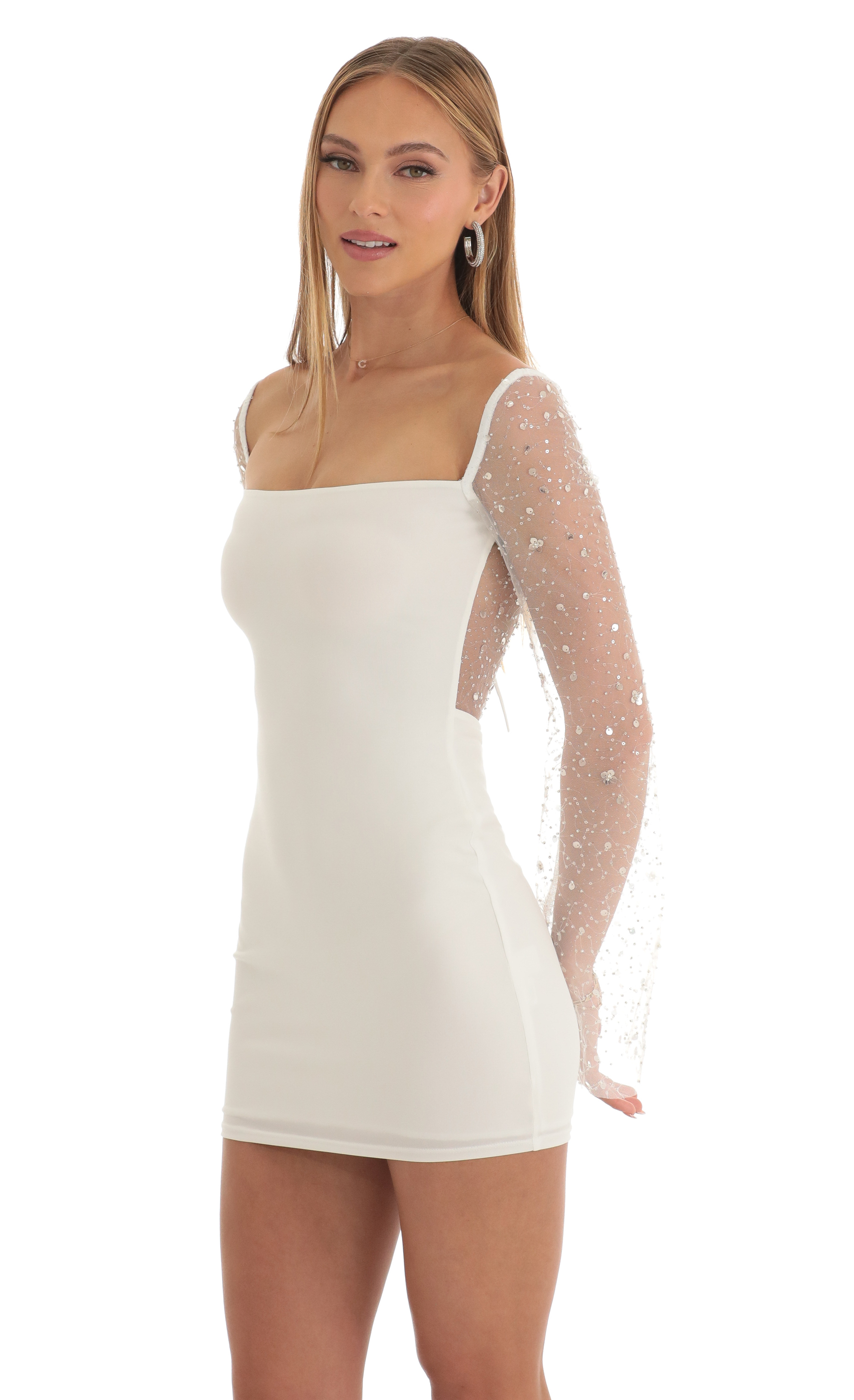 Pauline Sequin Long Sleeve Dress in White