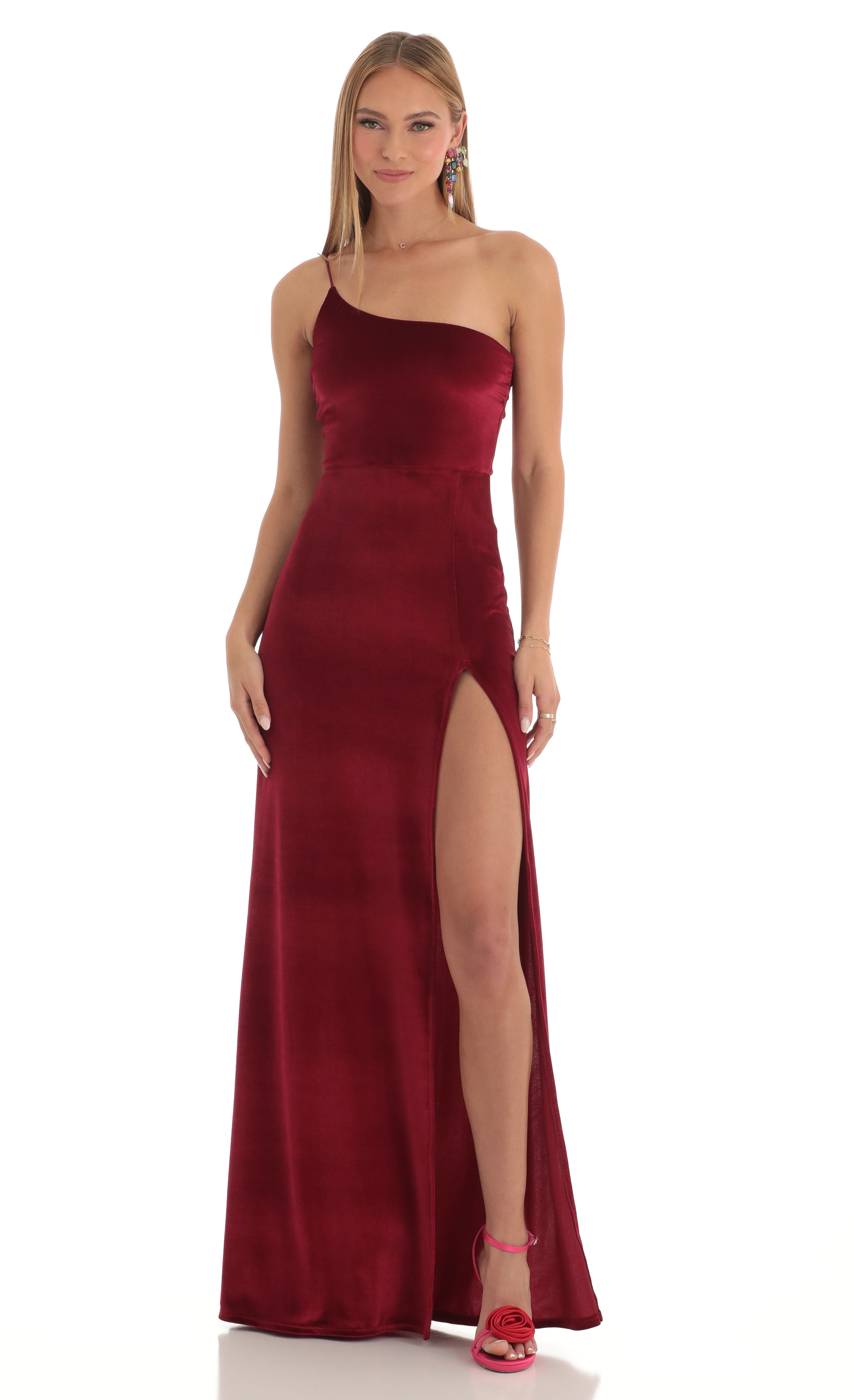 Elisabeth Velvet One Shoulder Maxi Dress in Red