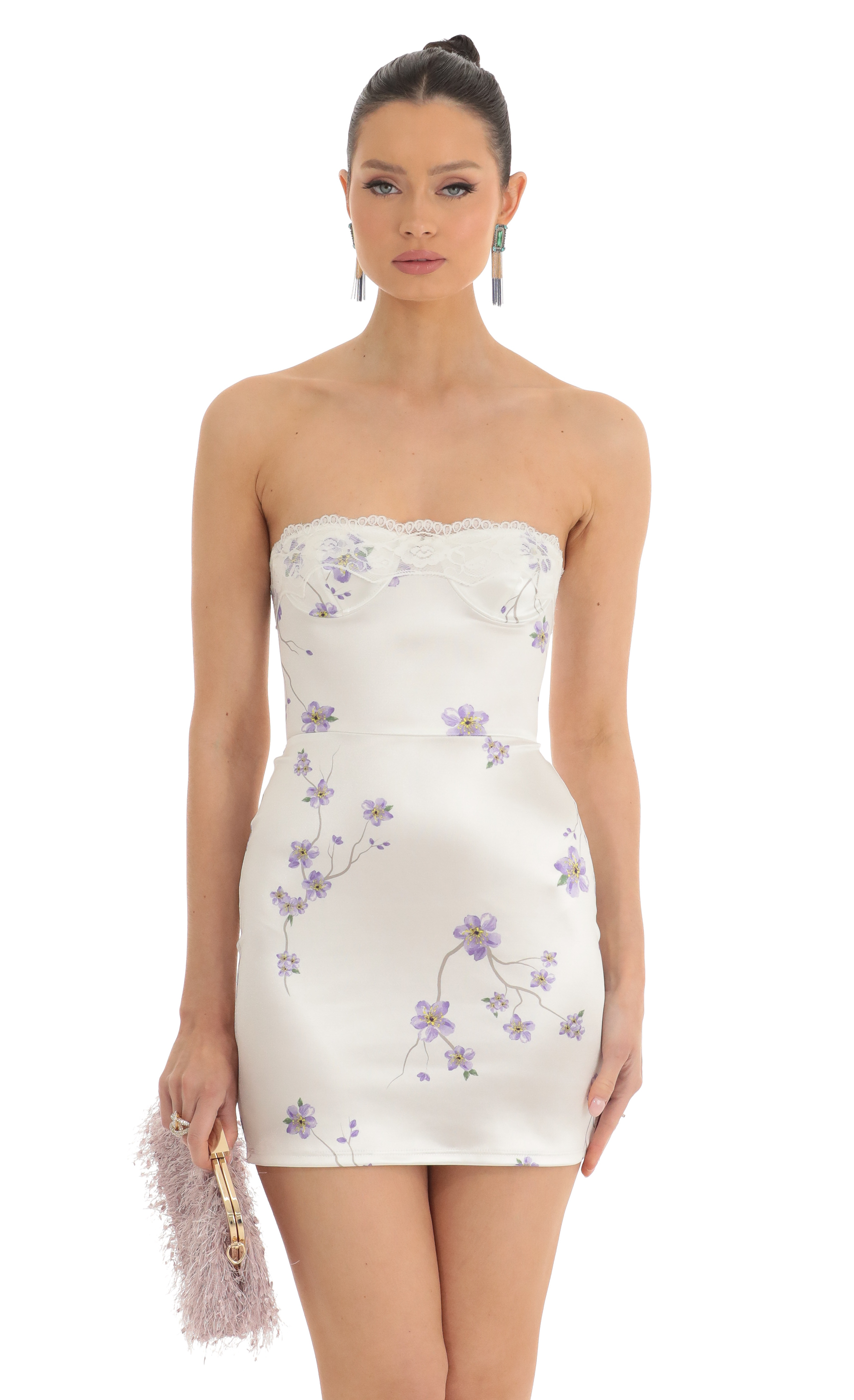 Jude Satin Floral Lace Strapless Dress in White
