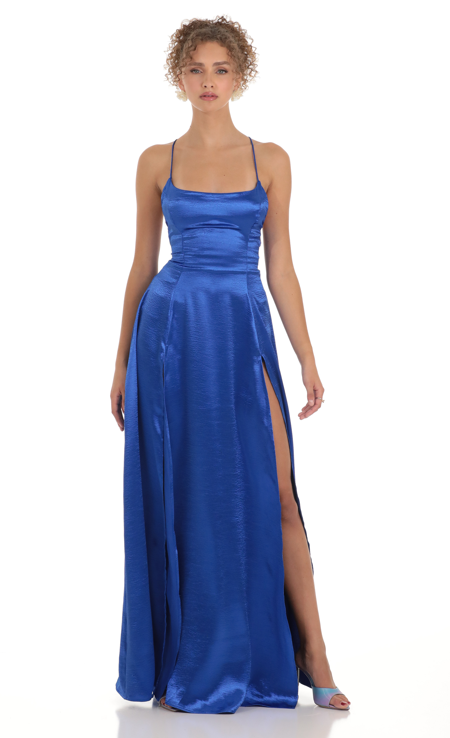 Caitlin Satin Slit Maxi Dress in Blue