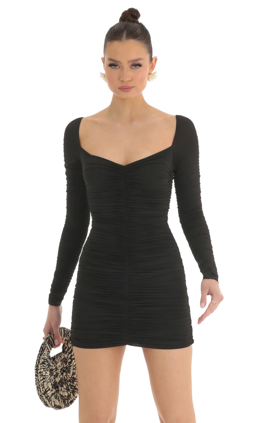 Picture Audria Ruched Bodycon Dress in Black. Source: https://media.lucyinthesky.com/data/Mar23/850xAUTO/10f115d9-1876-4319-8517-40dc31cf834f.jpg