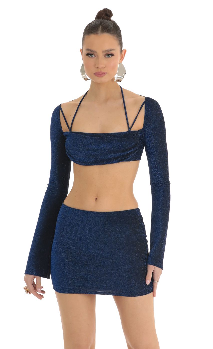 Picture Allee Blue Metallic Two Piece Skirt Set in Black. Source: https://media.lucyinthesky.com/data/Mar23/850xAUTO/1543d9f4-31ee-4243-b7ef-8f94cad285bf.jpg