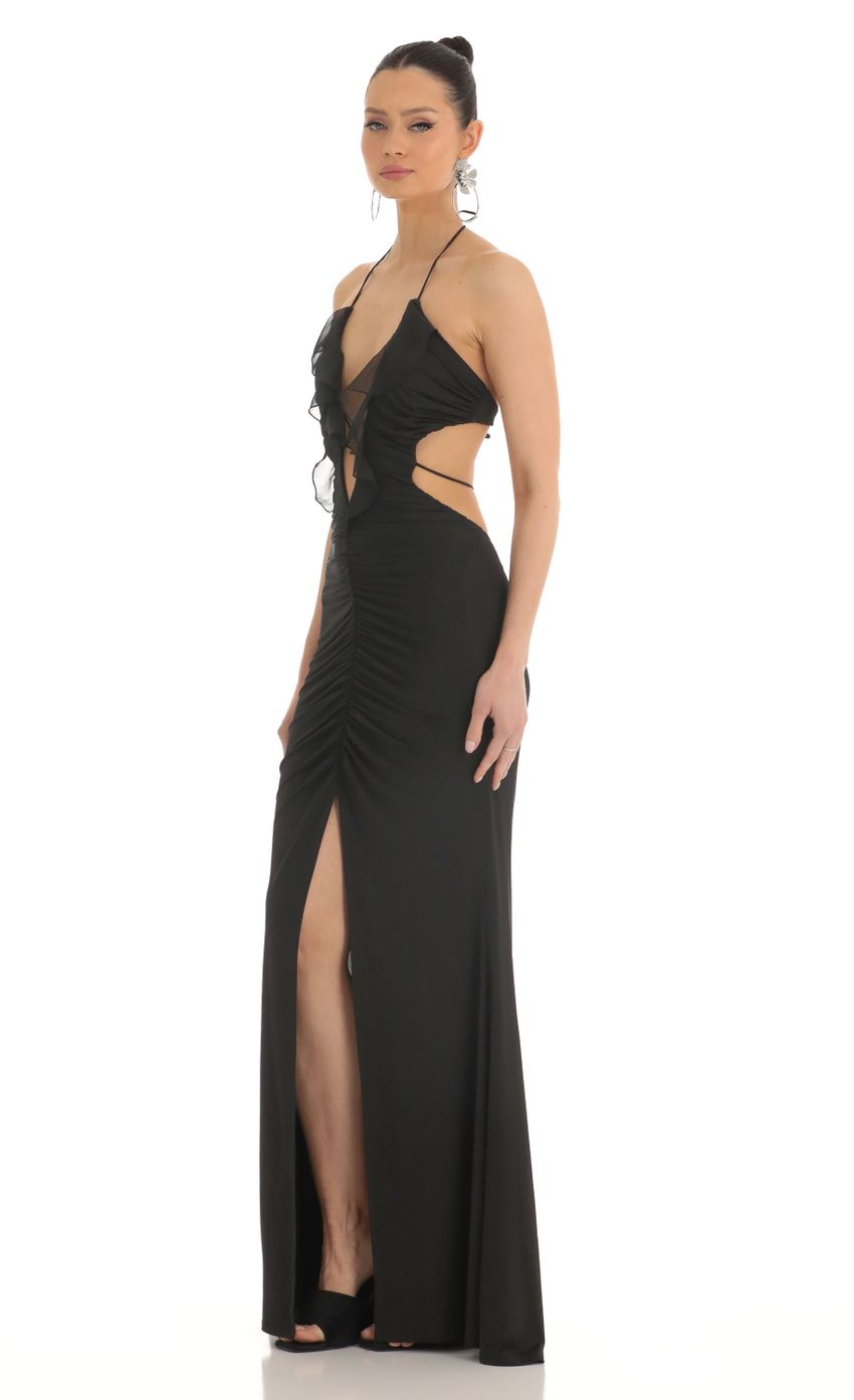Picture Romina Ruffle Plunge Maxi Dress in Black. Source: https://media.lucyinthesky.com/data/Mar23/850xAUTO/16414a87-3e20-47e0-948a-bd309b7cf126.jpg