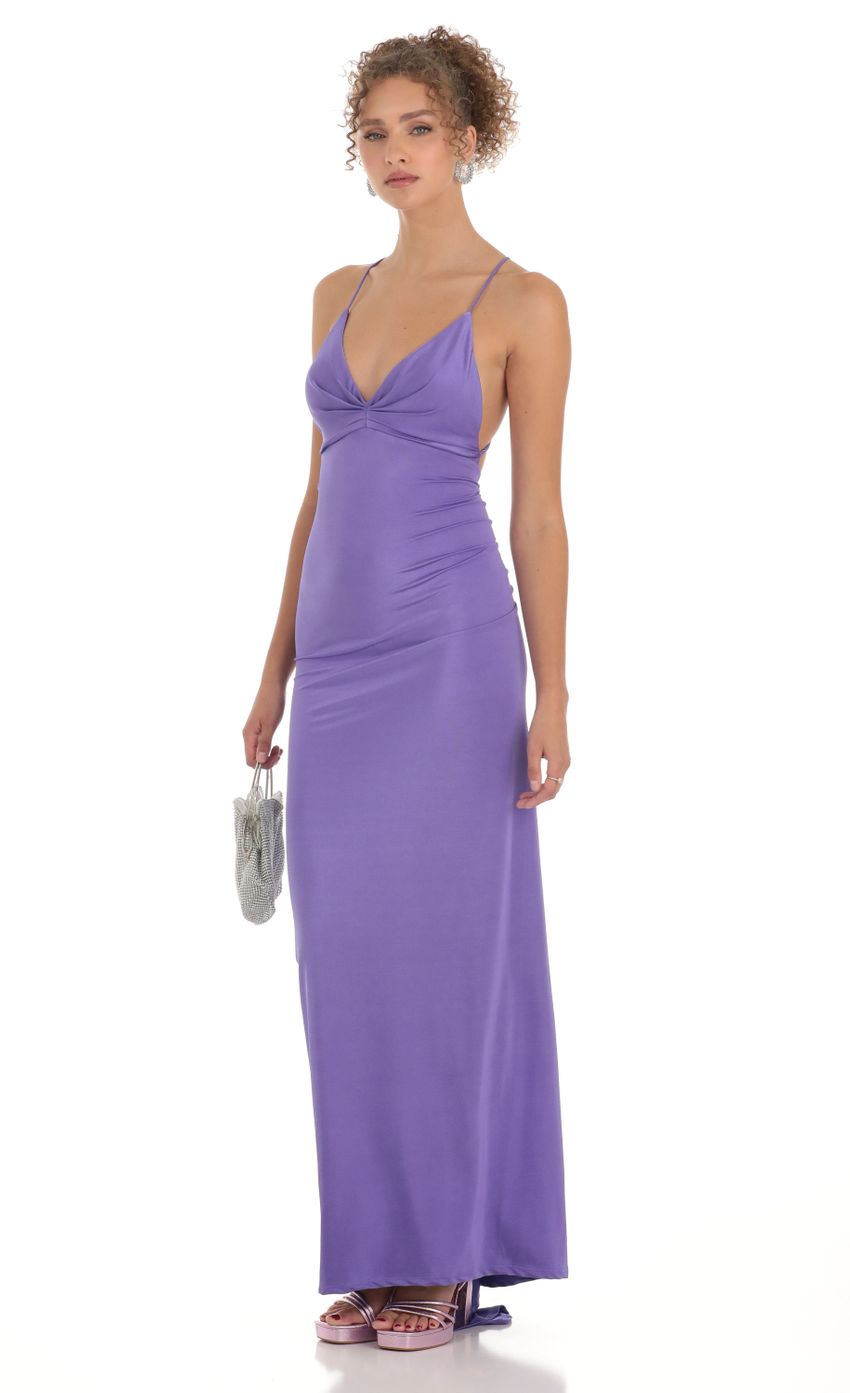 Picture Ladie Gathered Cross Back Maxi Dress in Purple. Source: https://media.lucyinthesky.com/data/Mar23/850xAUTO/1d8b6b15-6af0-4030-9468-20011c40808a.jpg