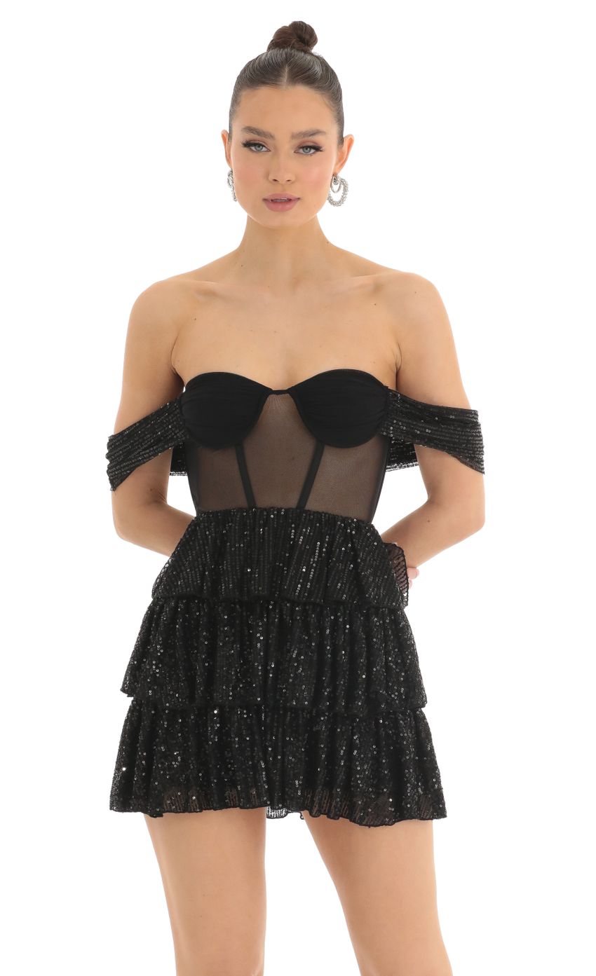 Picture Amarea Sequin Corset Dress in Black. Source: https://media.lucyinthesky.com/data/Mar23/850xAUTO/25922340-e639-4521-88ff-fc1e536ea688.jpg