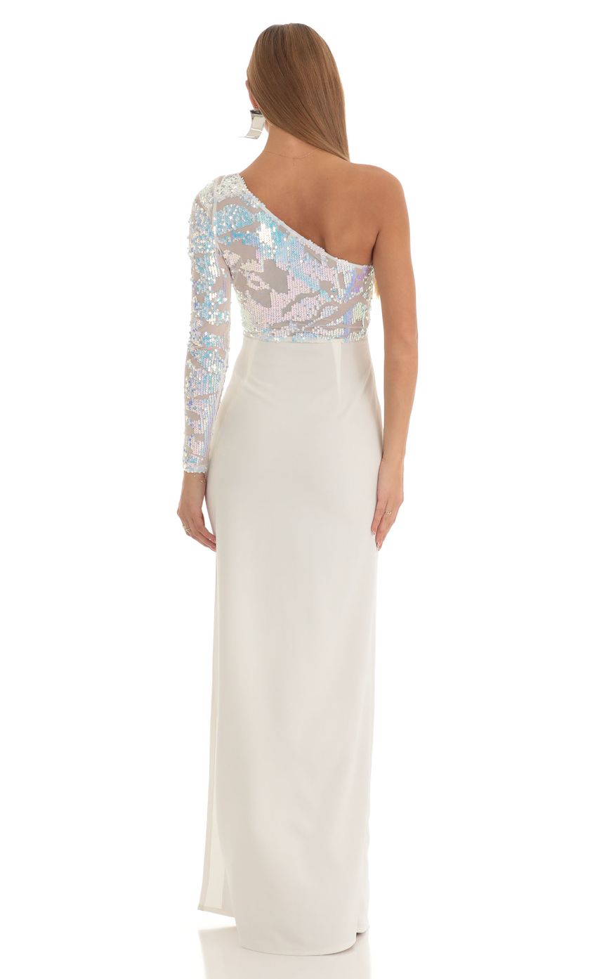 Picture Farrah Iridescent Sequin One Shoulder Maxi Dress in White. Source: https://media.lucyinthesky.com/data/Mar23/850xAUTO/2ce00af5-99ab-46a0-bfa0-2ae8252d2b7f.jpg