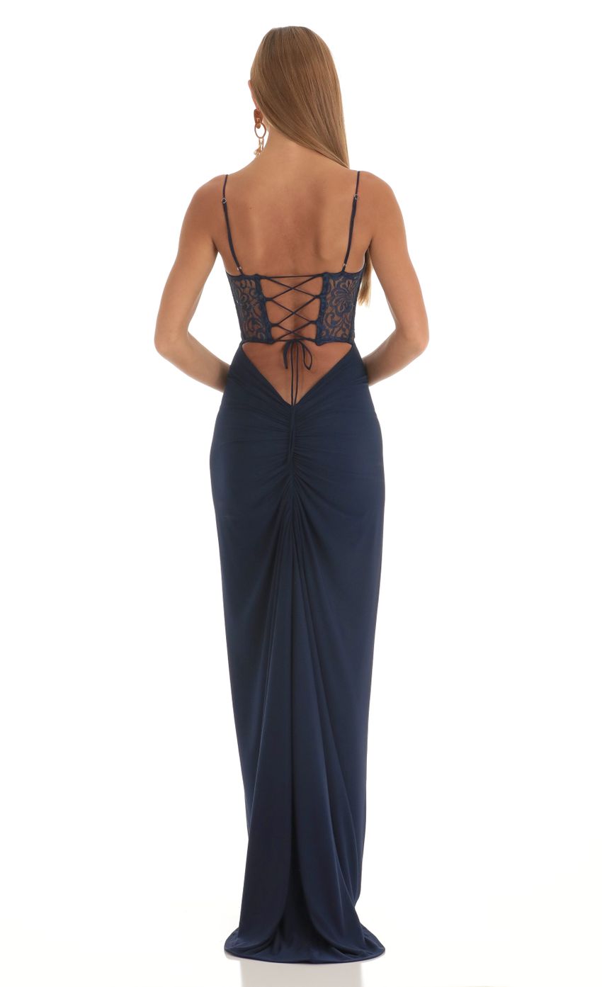 Picture Christia Lace Shimmer Maxi Dress in Navy. Source: https://media.lucyinthesky.com/data/Mar23/850xAUTO/3306302d-b75d-4e16-8a5c-bc5955cc8b61.jpg