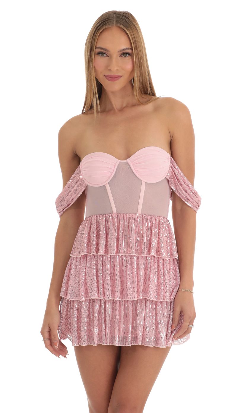 Picture Amarea Sequin Corset Dress in Pink. Source: https://media.lucyinthesky.com/data/Mar23/850xAUTO/34603e4b-c785-4b83-9226-ef65d86be326.jpg