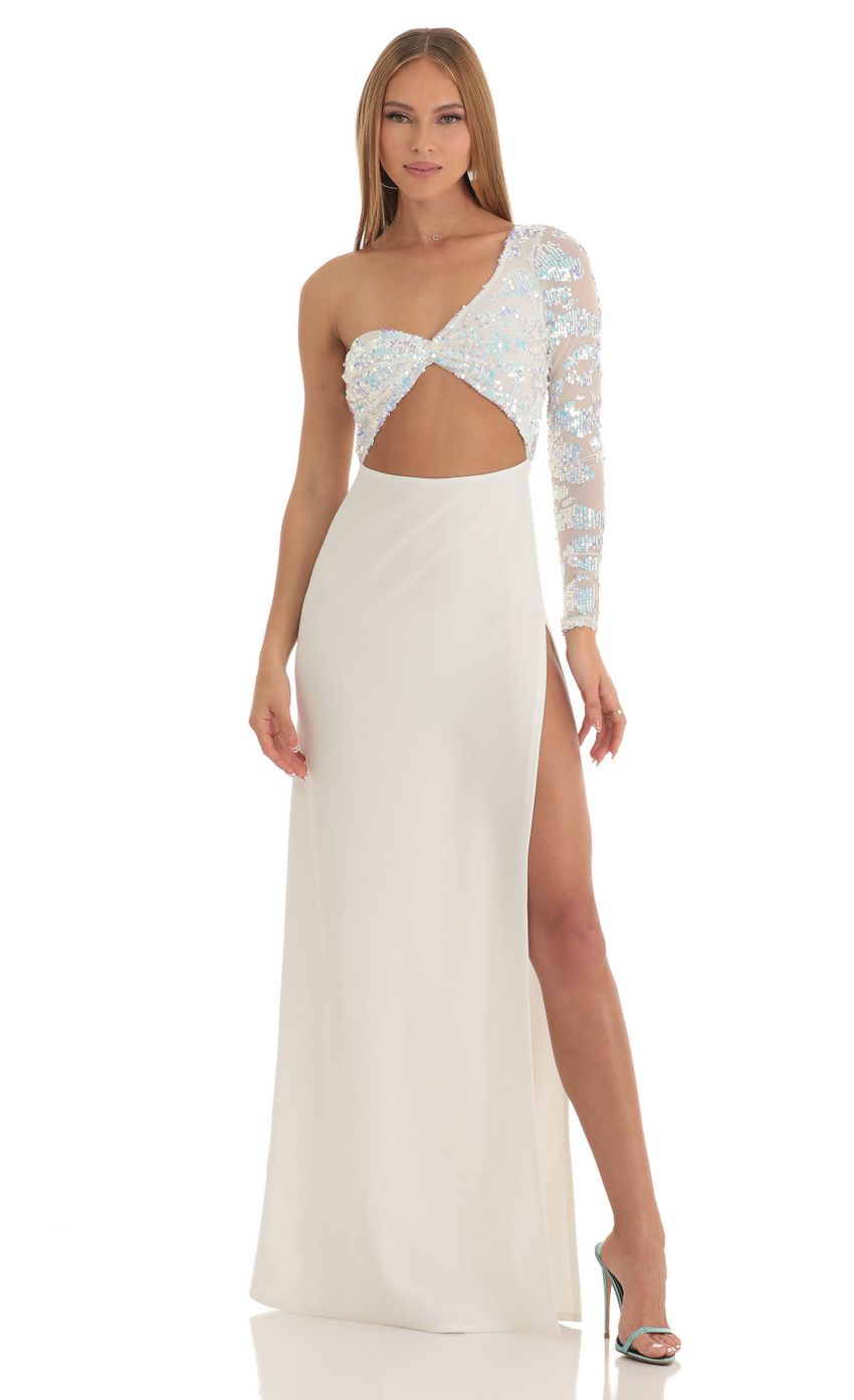 Picture Farrah Iridescent Sequin One Shoulder Maxi Dress in White. Source: https://media.lucyinthesky.com/data/Mar23/850xAUTO/36848454-e229-4c1d-be44-e8b929f75fc4.jpg