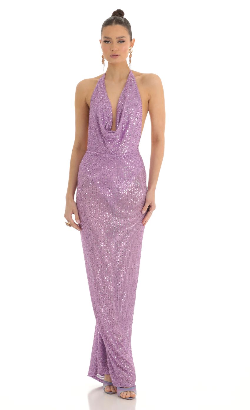 Picture Razz Sequin Halter BodyCon Maxi Dress in Purple. Source: https://media.lucyinthesky.com/data/Mar23/850xAUTO/3ec2e63b-269a-4685-86db-1ae25abbde34.jpg