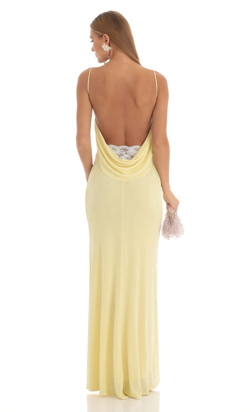 Picture Mira Lace Open Back Maxi Dress in Yellow. Source: https://media.lucyinthesky.com/data/Mar23/850xAUTO/414244d4-397b-4be9-b222-dd873fb80102.jpg
