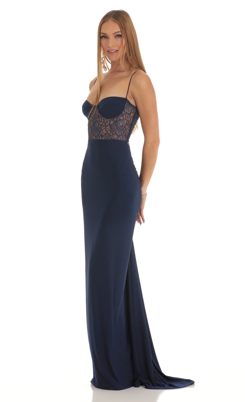 Picture Christia Lace Shimmer Maxi Dress in Navy. Source: https://media.lucyinthesky.com/data/Mar23/850xAUTO/453eef91-8bab-4184-8551-2d824bac8eb1.jpg