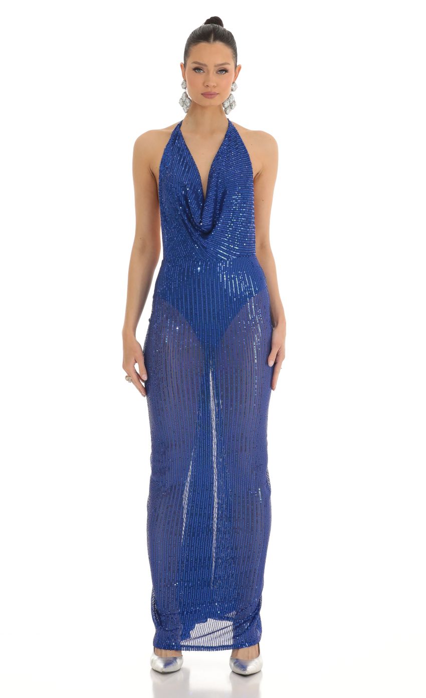 Picture Razz Sequin Halter BodyCon Maxi Dress in Blue. Source: https://media.lucyinthesky.com/data/Mar23/850xAUTO/455f4cf7-e53a-4b03-95f2-fb83236d7b70.jpg