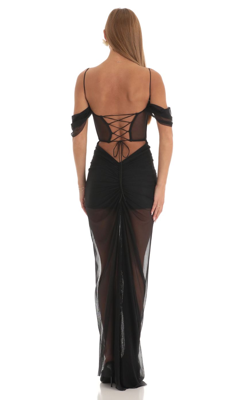 Picture Spice Mesh Corset Maxi Dress in Black. Source: https://media.lucyinthesky.com/data/Mar23/850xAUTO/45c8645c-64cb-4ee1-8954-eb56e862a129.jpg