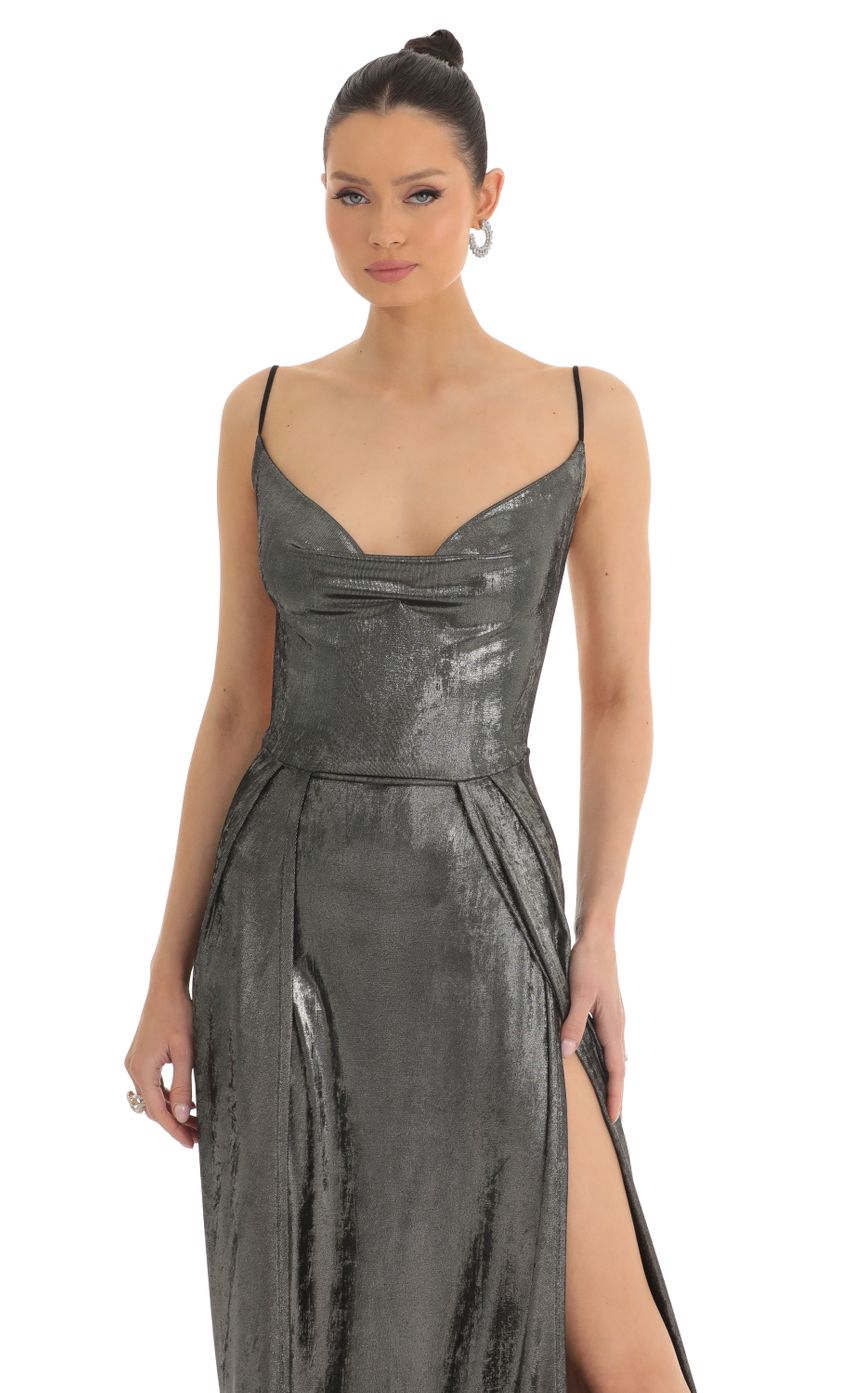 Picture Dion Metallic Maxi Dress in Silver. Source: https://media.lucyinthesky.com/data/Mar23/850xAUTO/5a393eda-b399-40fd-ae87-749f69d24b5a.jpg