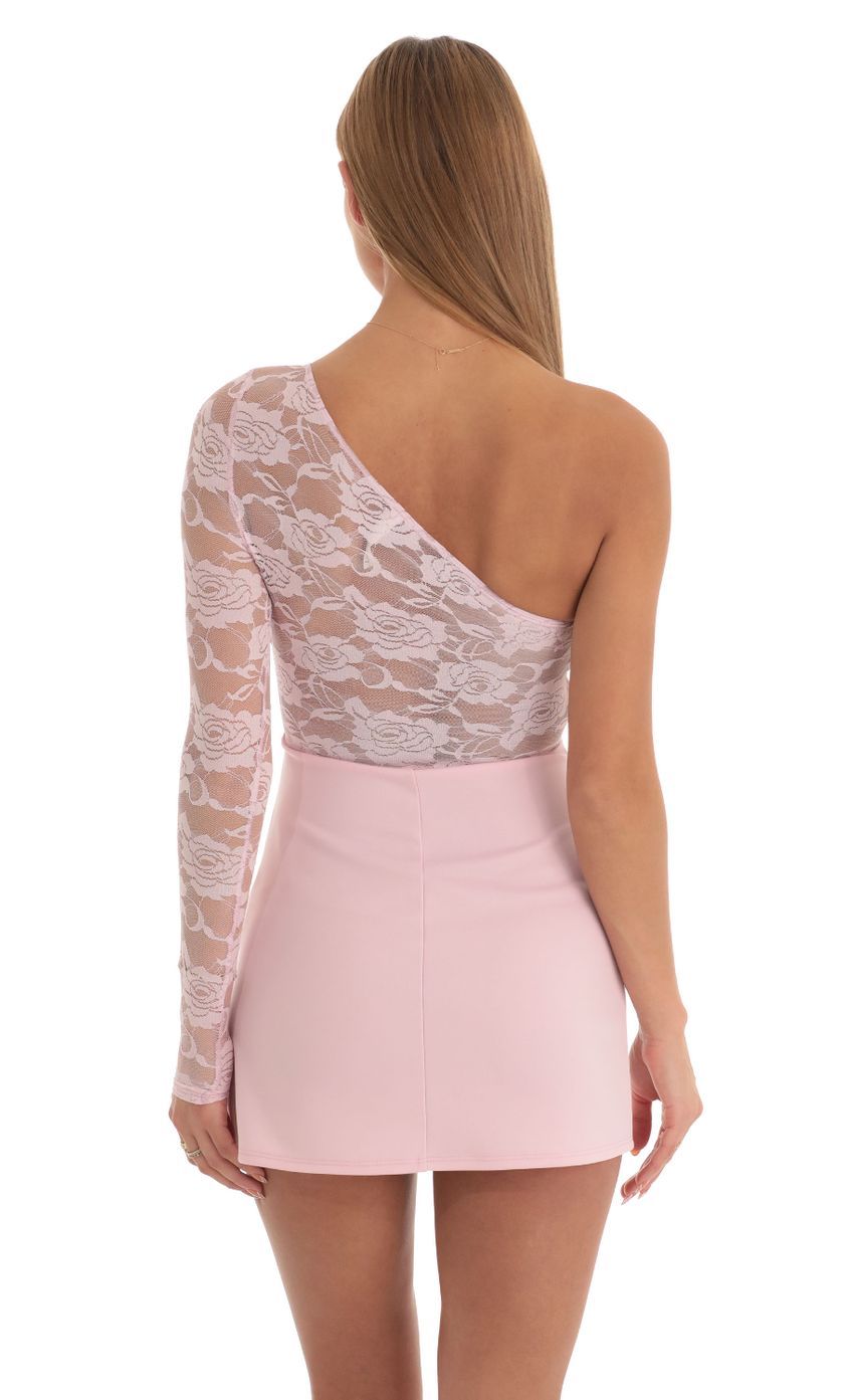 Picture Farrah Lace One Shoulder Dress in Pink. Source: https://media.lucyinthesky.com/data/Mar23/850xAUTO/5ec60551-a9ae-47ab-b243-4b496b8738e4.jpg