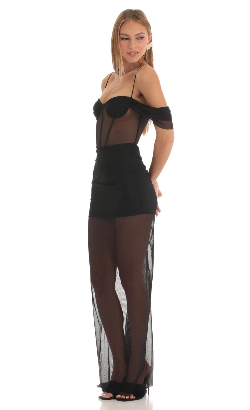 Picture Spice Mesh Corset Maxi Dress in Black. Source: https://media.lucyinthesky.com/data/Mar23/850xAUTO/739cd1f8-09c4-4346-8331-cc2540993d99.jpg
