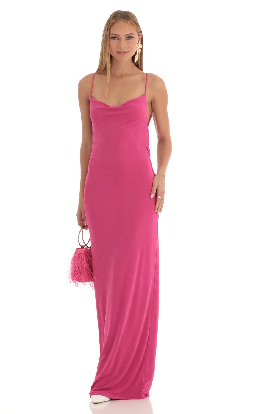 Picture Massena Draped Back Maxi Dress in Pink. Source: https://media.lucyinthesky.com/data/Mar23/850xAUTO/7558b850-50ac-4589-ab77-8e60f51362e9.jpg