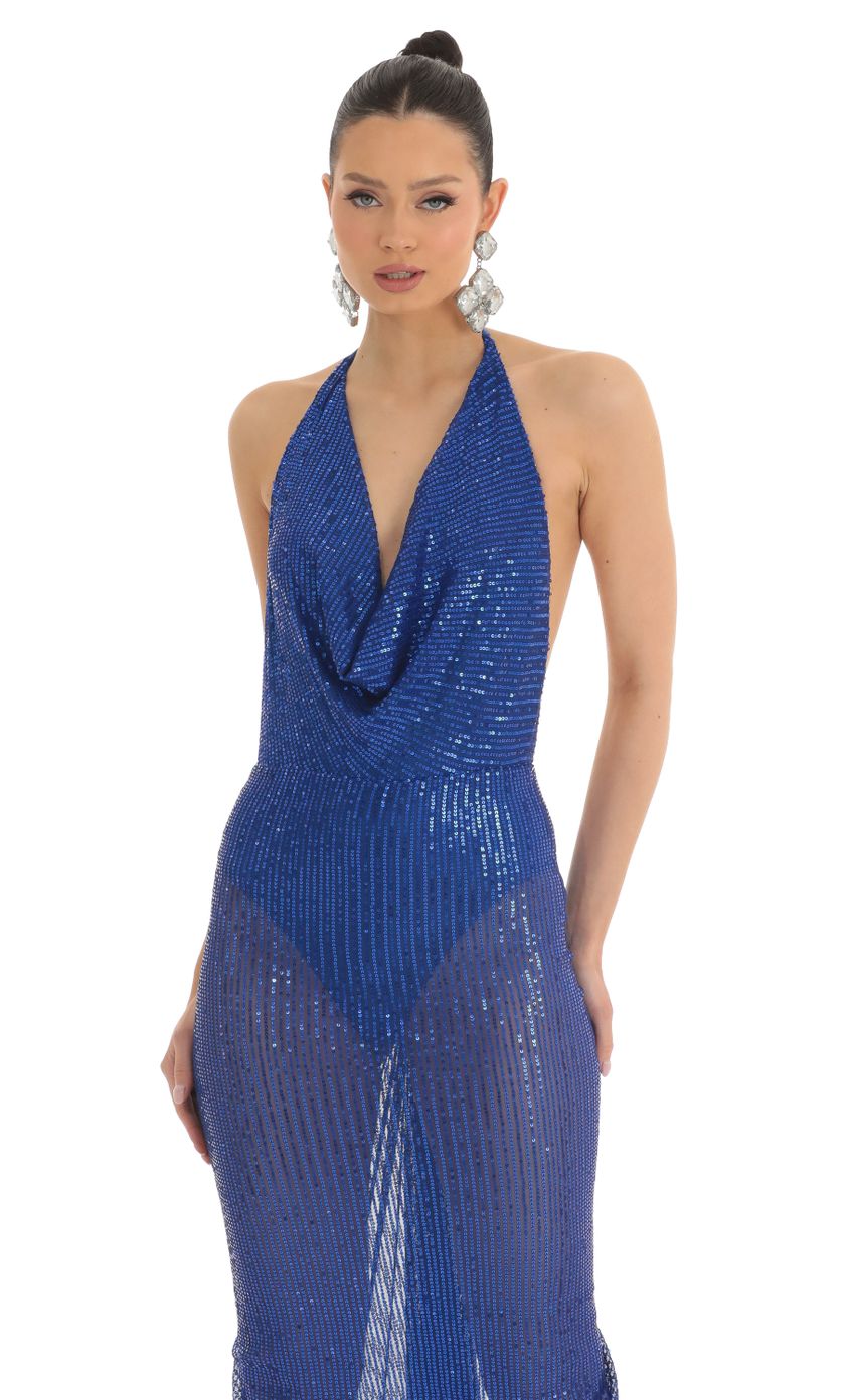 Picture Razz Sequin Halter BodyCon Maxi Dress in Blue. Source: https://media.lucyinthesky.com/data/Mar23/850xAUTO/8db67591-a268-47f2-adc1-7afb131ef76d.jpg