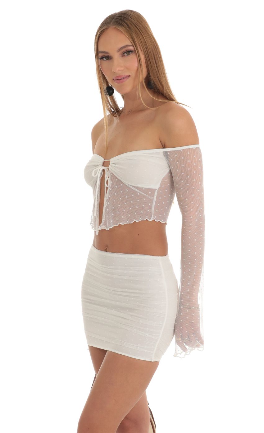 Picture Gissel Dotted Mesh Two Piece Skirt Set in White. Source: https://media.lucyinthesky.com/data/Mar23/850xAUTO/98bb5529-50fa-4604-a940-5ab08ecbf267.jpg