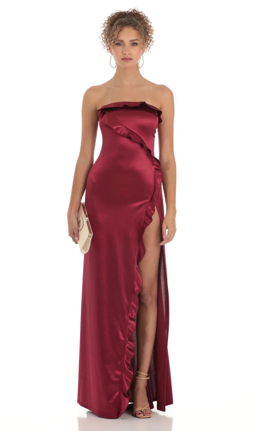 Annabel Satin Strapless Maxi Dress in Red | LUCY IN THE SKY