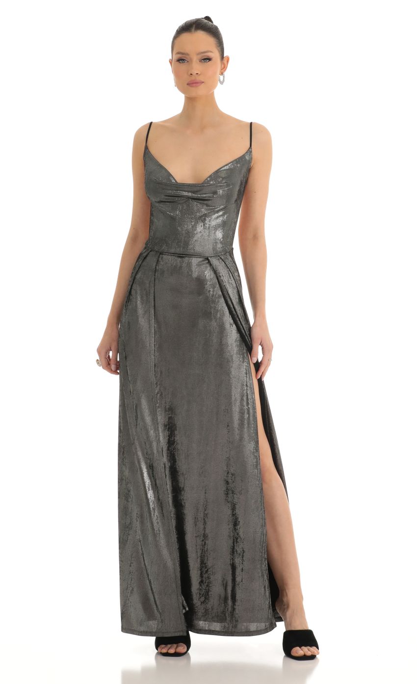 Picture Dion Metallic Maxi Dress in Silver. Source: https://media.lucyinthesky.com/data/Mar23/850xAUTO/9a7dd712-7fff-49e0-b27b-76f2e6eb8b8b.jpg