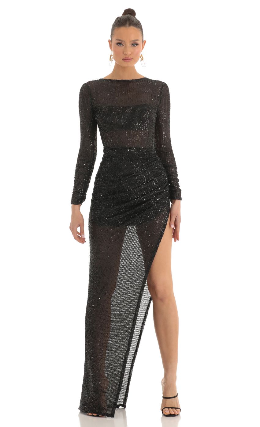 Picture Chessa Sequin Open Back Maxi Dress in Black. Source: https://media.lucyinthesky.com/data/Mar23/850xAUTO/9beb5c8c-306a-4398-8d3f-bf6358d8040b.jpg