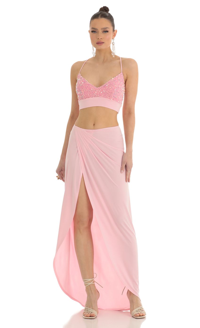 Picture Sicily Sequin Two Piece Maxi Set in Pink. Source: https://media.lucyinthesky.com/data/Mar23/850xAUTO/aad6af88-60ea-40f1-b10d-0772280c92ac.jpg