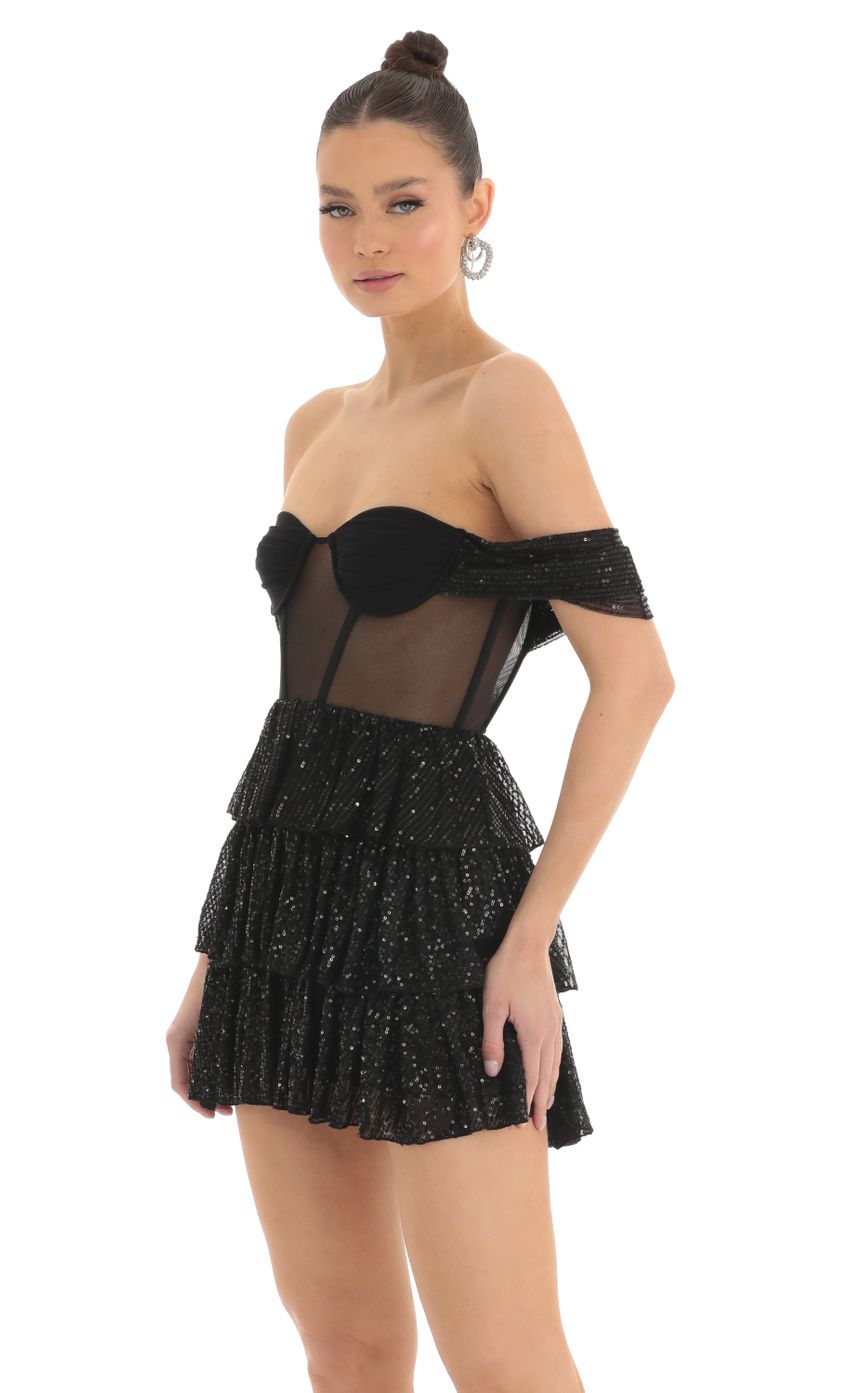 Picture Amarea Sequin Corset Dress in Black. Source: https://media.lucyinthesky.com/data/Mar23/850xAUTO/b2b6b5c0-2ee9-42e2-a024-522c95af55e5.jpg