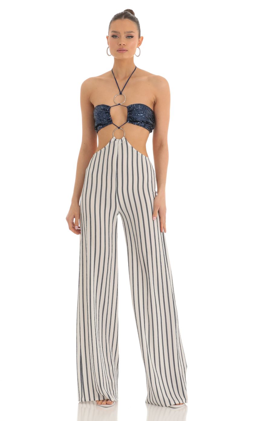 Picture Renae Sequin Halter Striped Jumpsuit in White and Navy. Source: https://media.lucyinthesky.com/data/Mar23/850xAUTO/c2c9f1b2-4ca0-4508-8802-63902bfde098.jpg